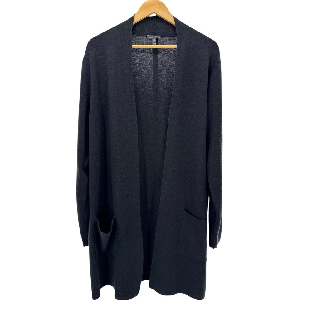 Eileen Fisher Open Front Black Cardigan Sweater 100% Wool Italian Yarn XL